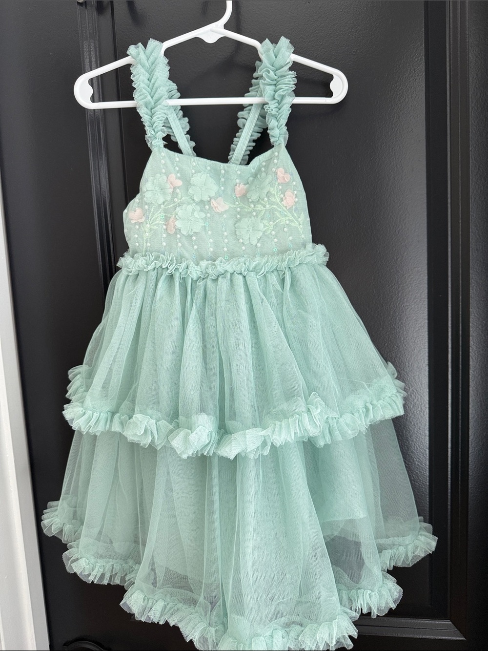 Shabby Chic Mint Green Layered Tulle Dress with Floral Embroidery